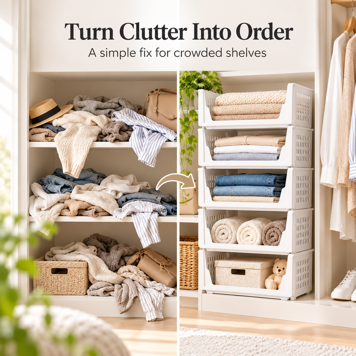 🧺5 Pack Closet Organizers Stackable Storage Box