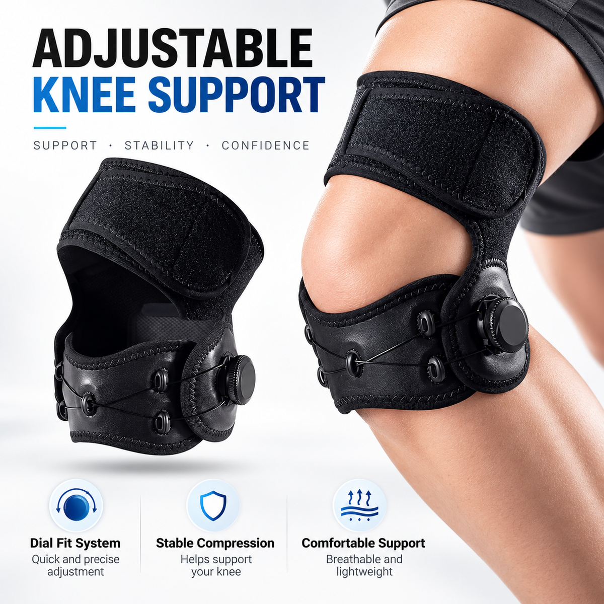 Adjustable Knee Support Brace – Dial Fit Compression Knee Stabilizer for Sports & Daily Support