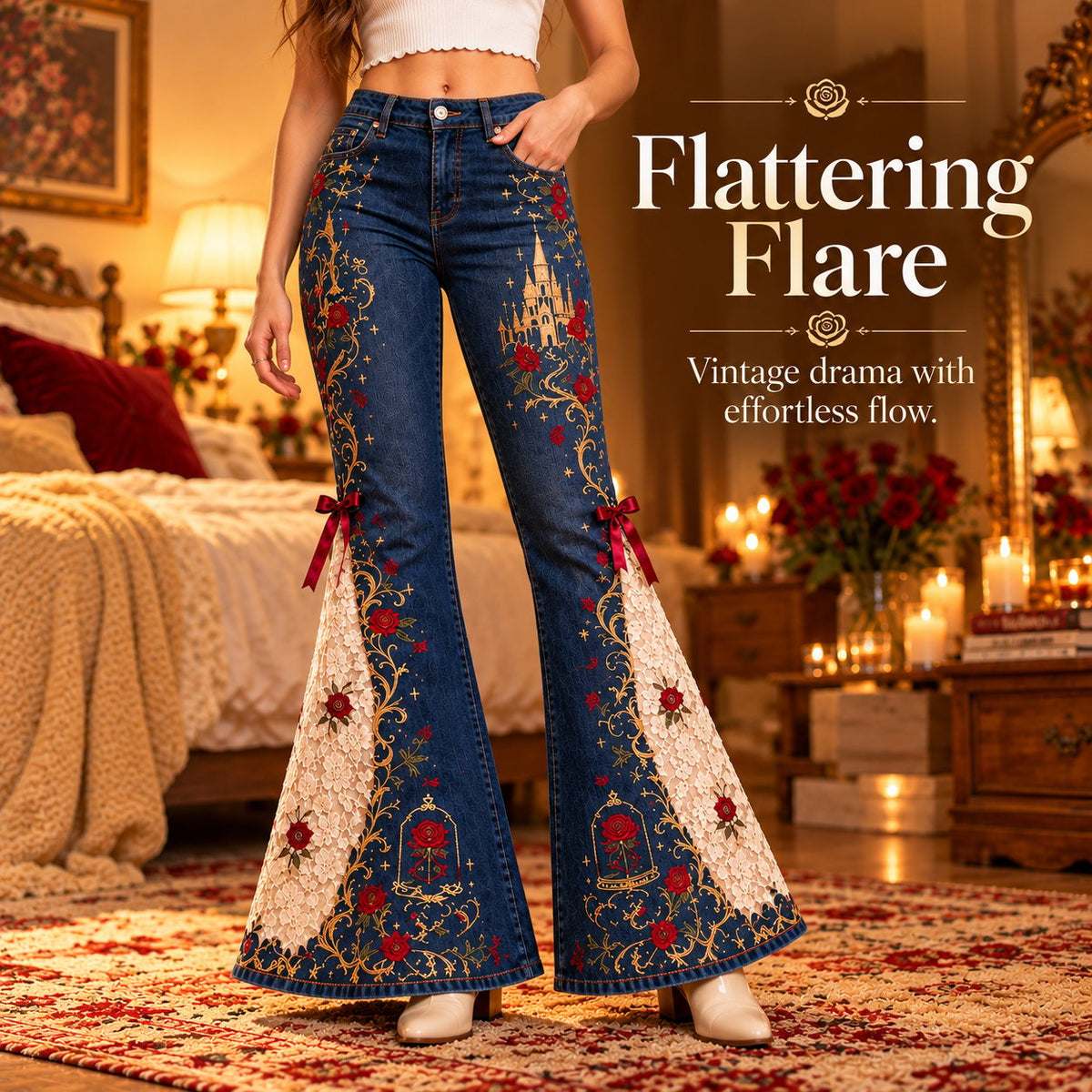 ✨ Fairy Tale Flare: Vintage Embroidered Denim Jeans