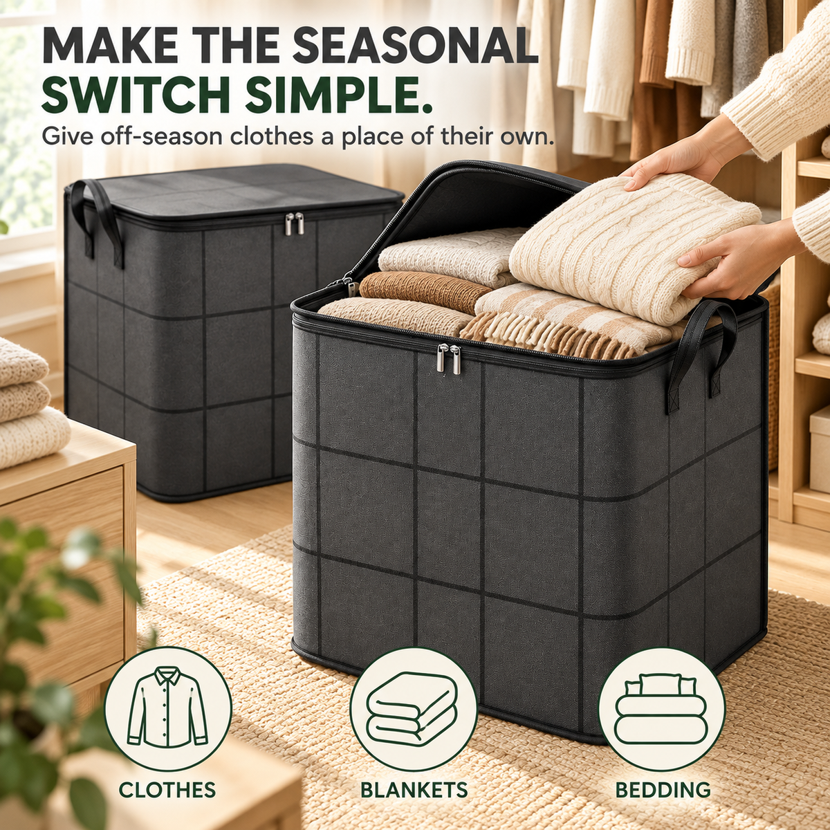 Large Zippered Reinforced Foldable Fabric Organizer Bin