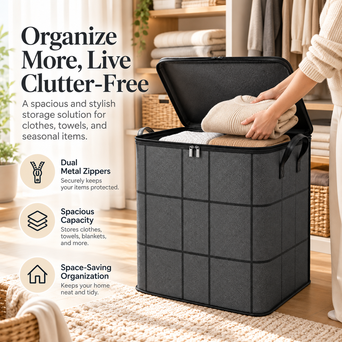 Large Capacity Storage Box – Foldable Fabric Organizer Bin with Lid for Closet, Bedroom & Home Storage