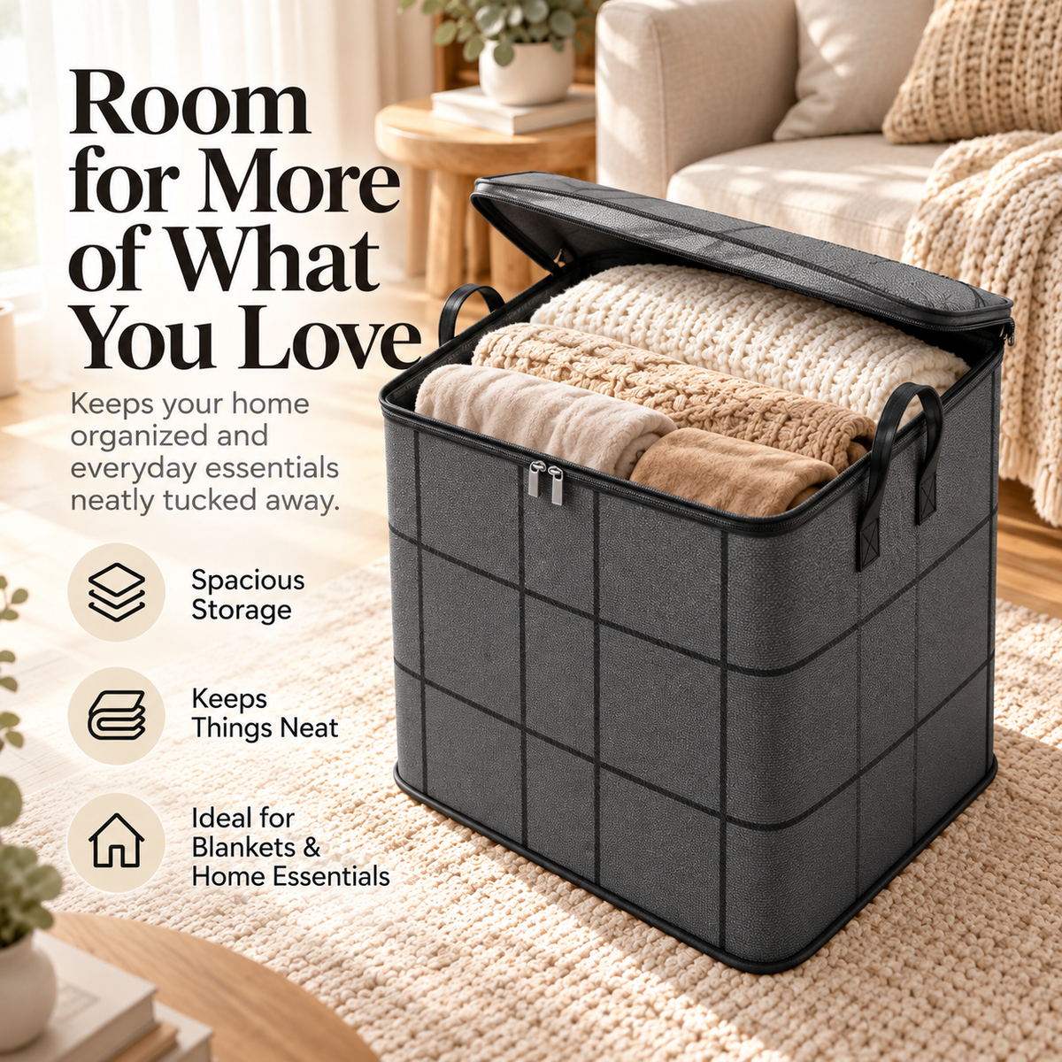 Large Capacity Storage Box – Foldable Fabric Organizer Bin with Lid for Closet, Bedroom & Home Storage
