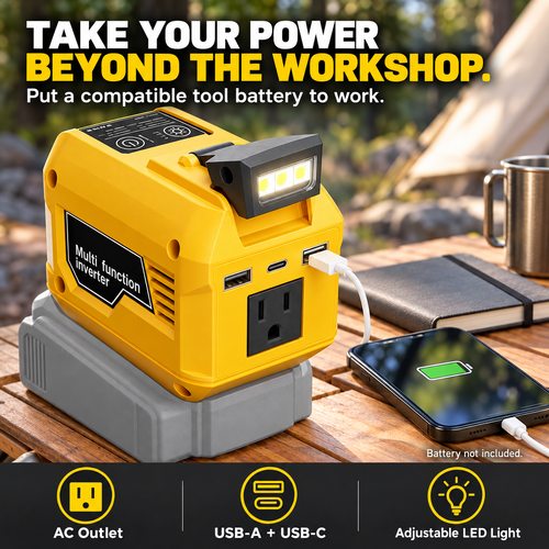 250W Portable Power Inverter – Turn 18V–21V Tool Batteries Into 220V AC Power