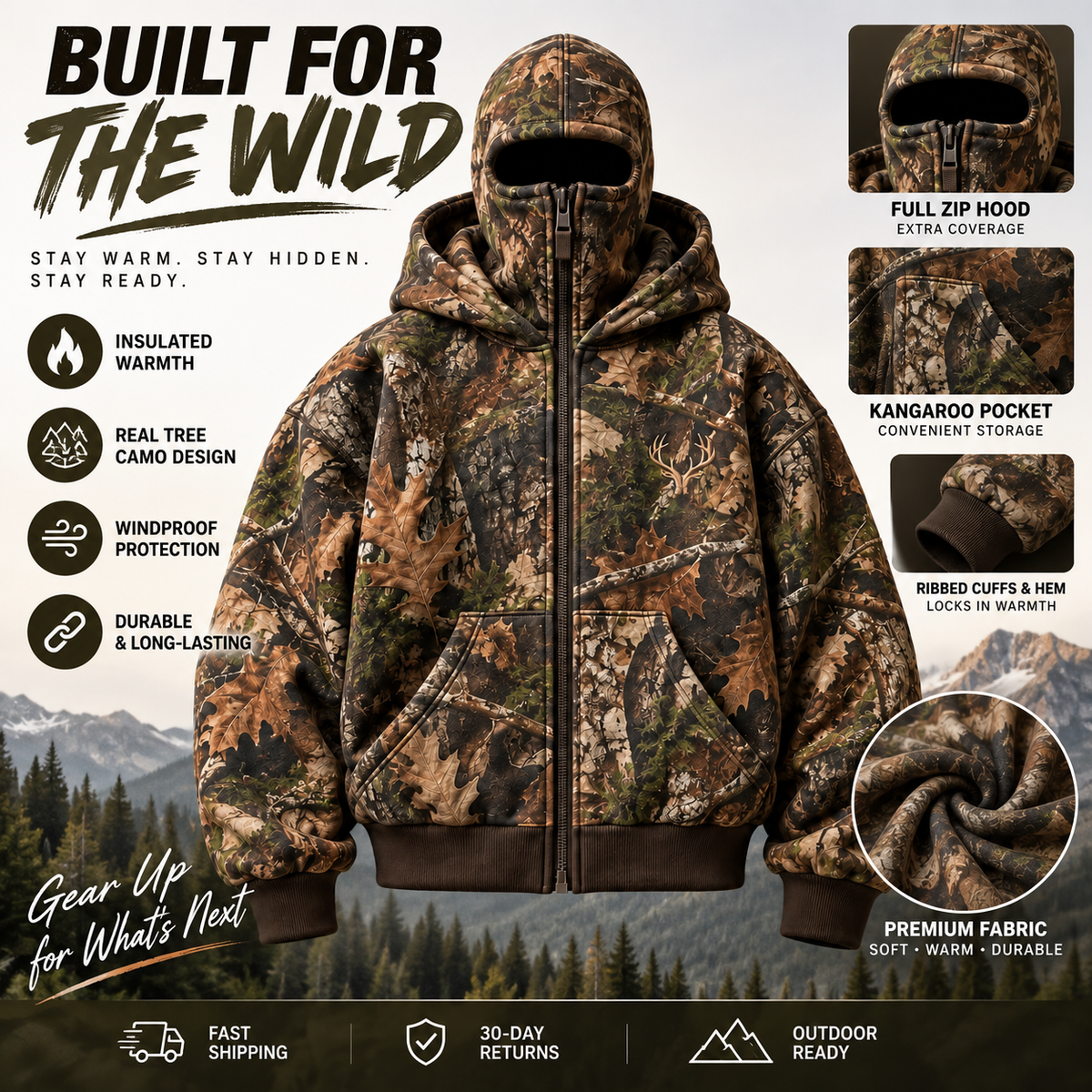 ❄️ Integrated Balaclava Hunting Hoodie | Quilted Oversized Camo Layer