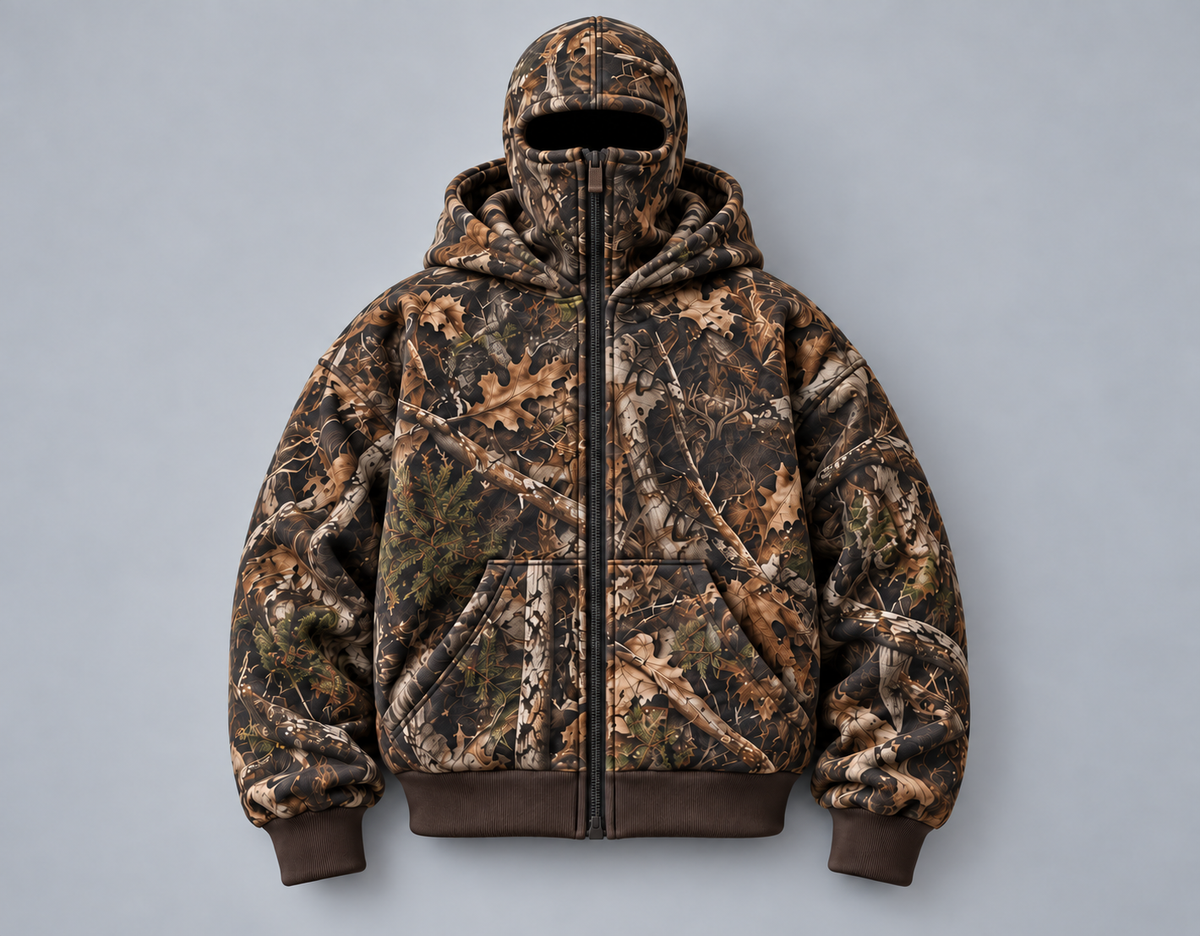 ❄️ Integrated Balaclava Hunting Hoodie | Quilted Oversized Camo Layer