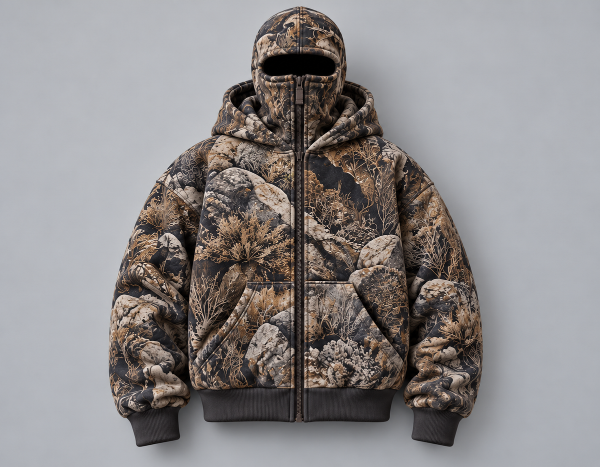 ❄️ Integrated Balaclava Hunting Hoodie | Quilted Oversized Camo Layer