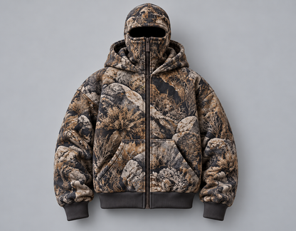 ❄️ Integrated Balaclava Hunting Hoodie | Quilted Oversized Camo Layer