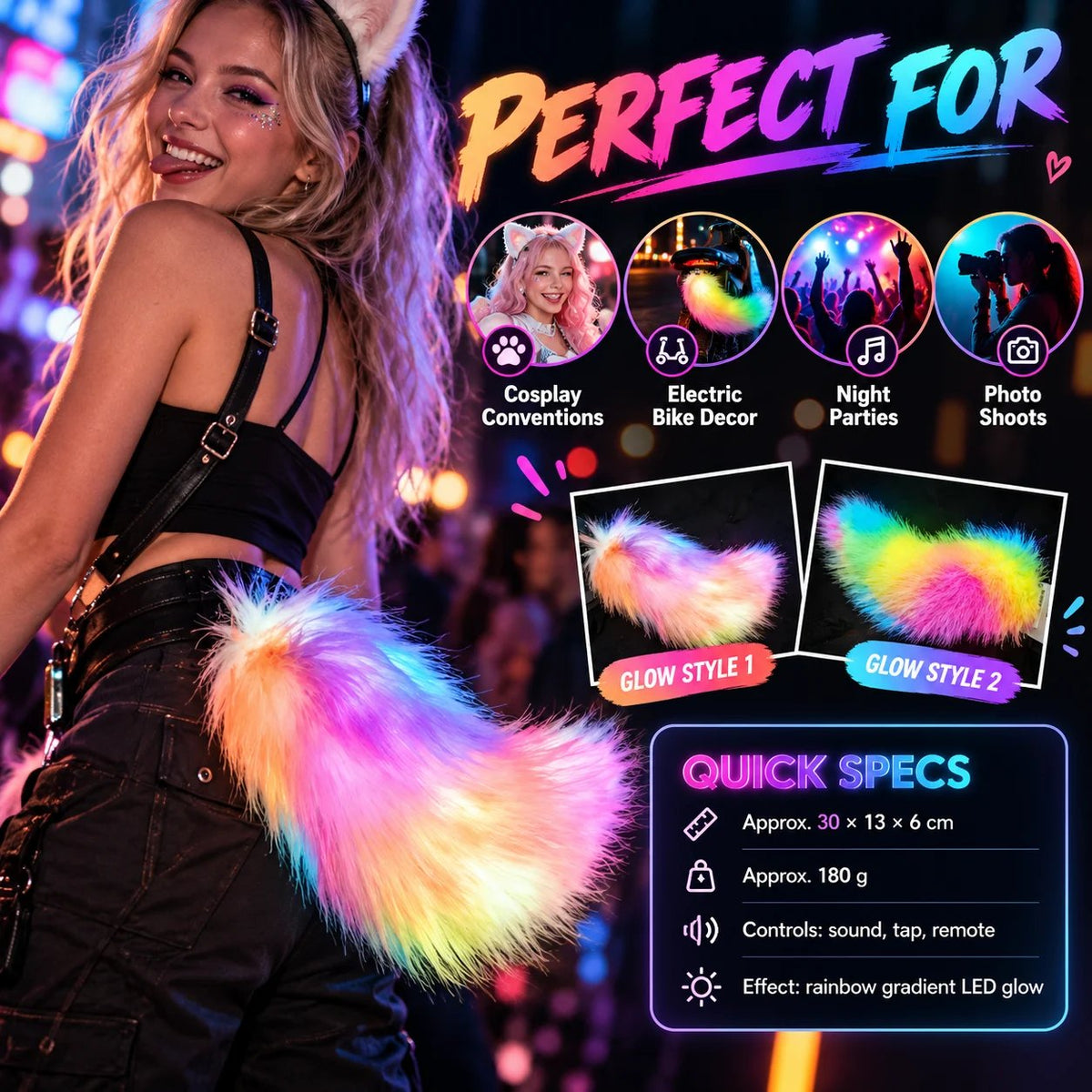 🎭 Light Up Plush Costume Tail | 3 Control Modes, Universal Clip-On for Conventions & Parties
