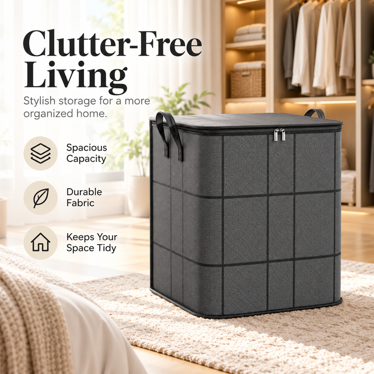 Large Capacity Storage Box – Foldable Fabric Organizer Bin with Lid for Closet, Bedroom & Home Storage