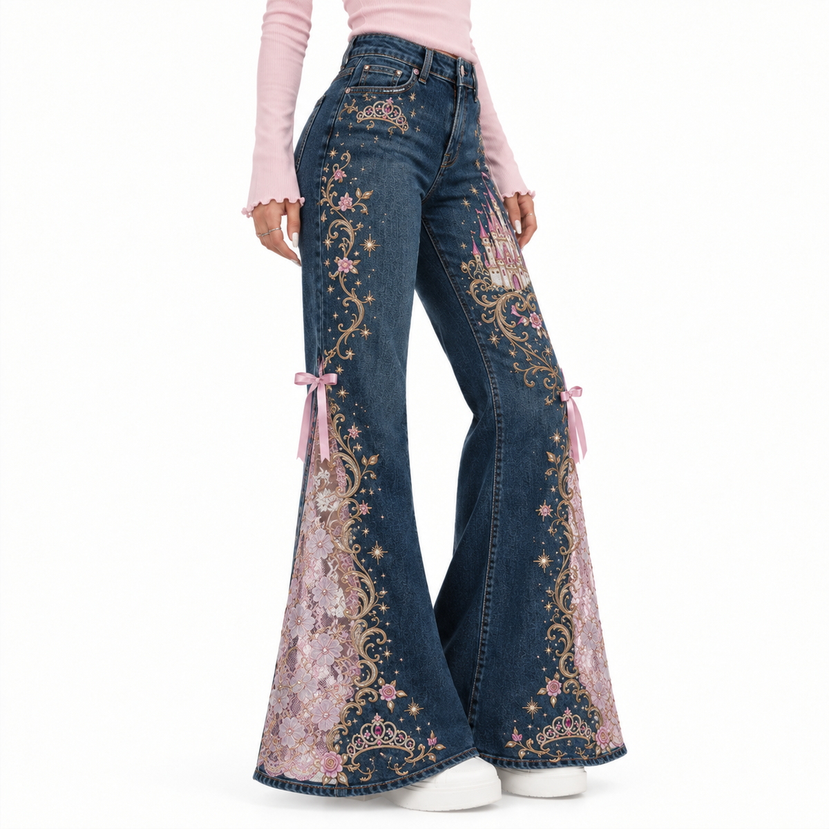 ✨ Fairy Tale Flare: Vintage Embroidered Denim Jeans