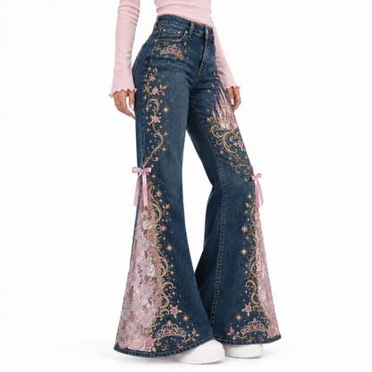 ✨ Fairy Tale Flare: Vintage Embroidered Denim Jeans