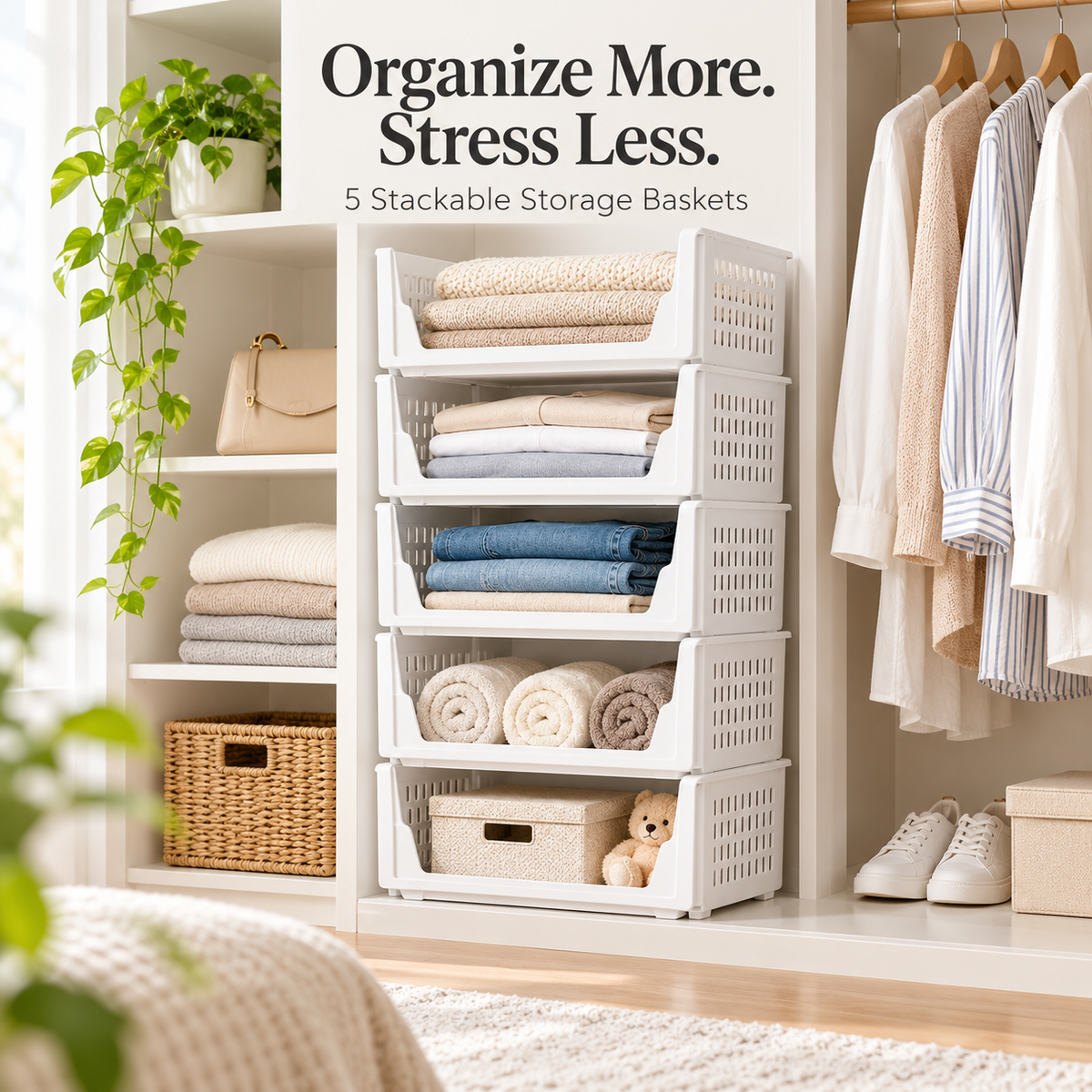 🧺5 Pack Closet Organizers Stackable Storage Box