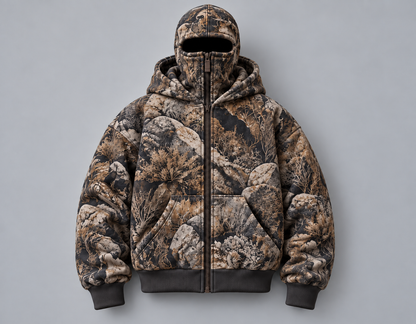 ❄️ Integrated Balaclava Hunting Hoodie | Quilted Oversized Camo Layer