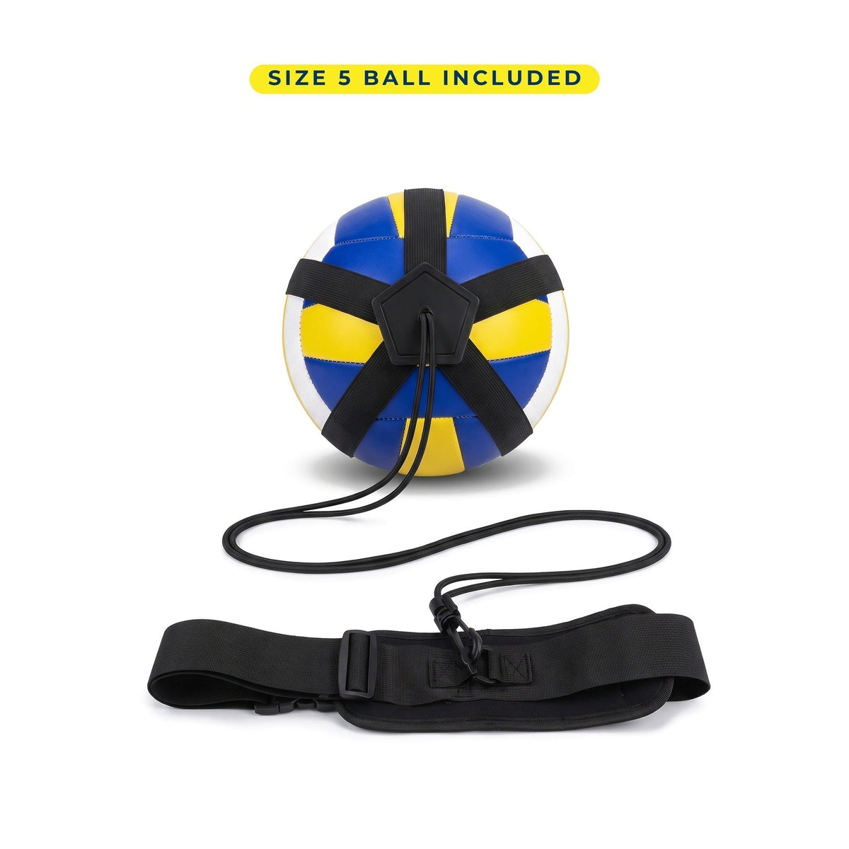 TrainerOne Kit + Ball: a volleyball in the five-strap holder with the black elastic cord and adjustable belt
