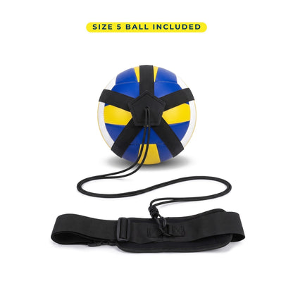 TrainerOne Kit + Ball: a volleyball in the five-strap holder with the black elastic cord and adjustable belt
